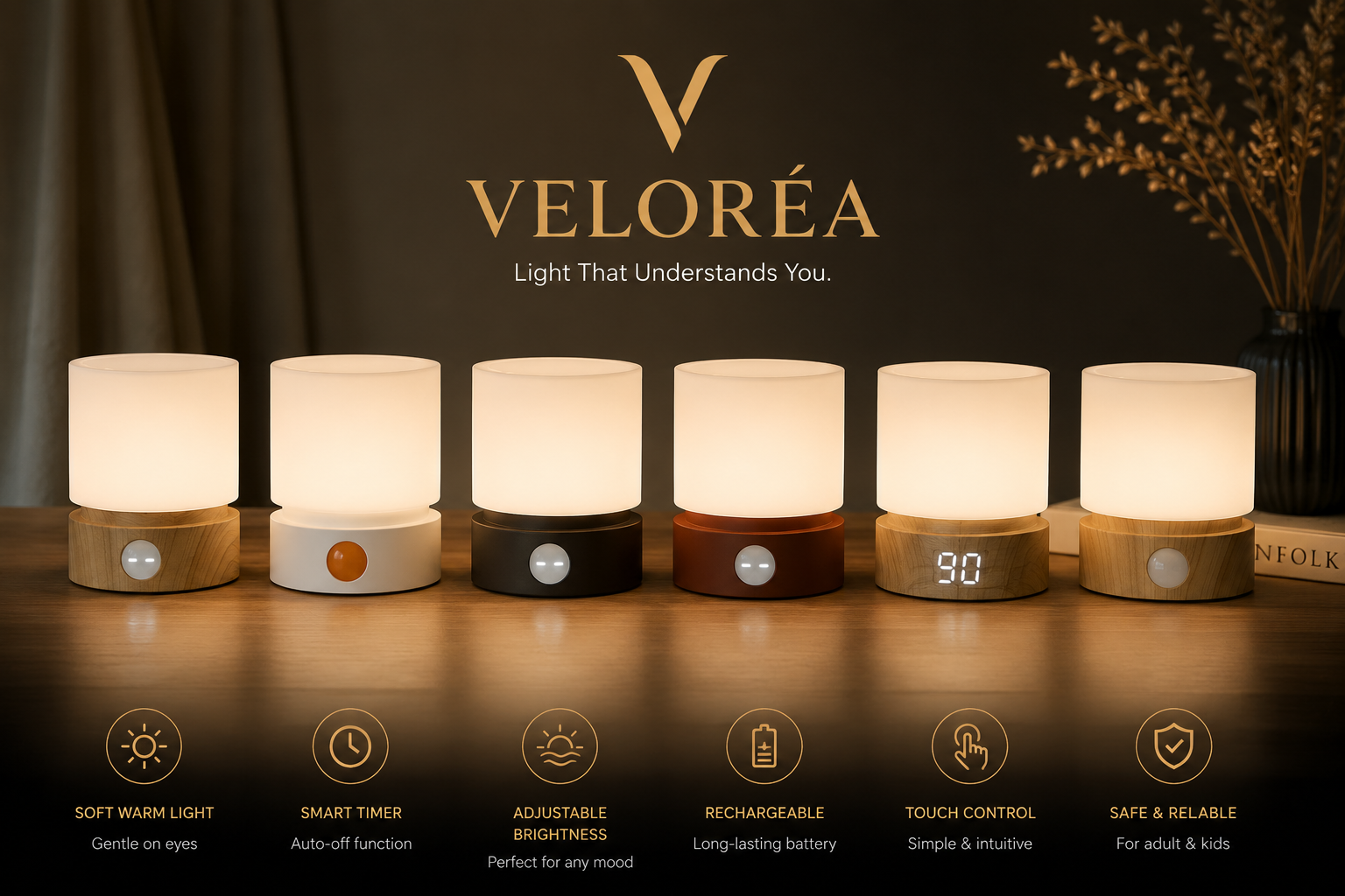 VELOREA Rechargeable Night Light with Touch Control & Smart Timer | Warm LED Bedside Lamp