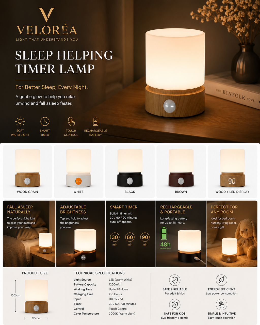 VELOREA Rechargeable Night Light with Touch Control & Smart Timer | Warm LED Bedside Lamp